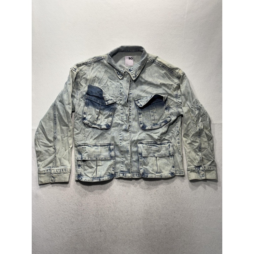SO Jacket Juniors M Blue Denim Snap Front Utility Cargo Pockets Short Military